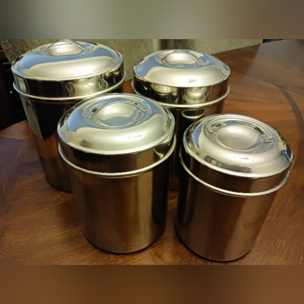 Stainless Steel Canister Set, Vintage, large is 7", smallest is 5.5"